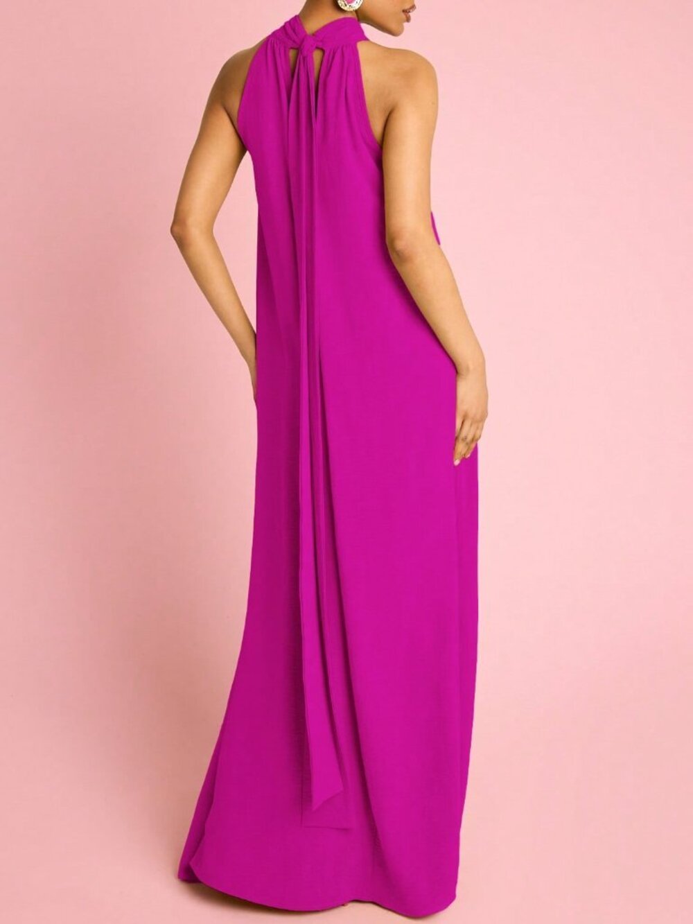 Hot Pink Elegant Boho Women's Halterneck Flowing Trapeze Maxi Dress - Picture 2 of 6